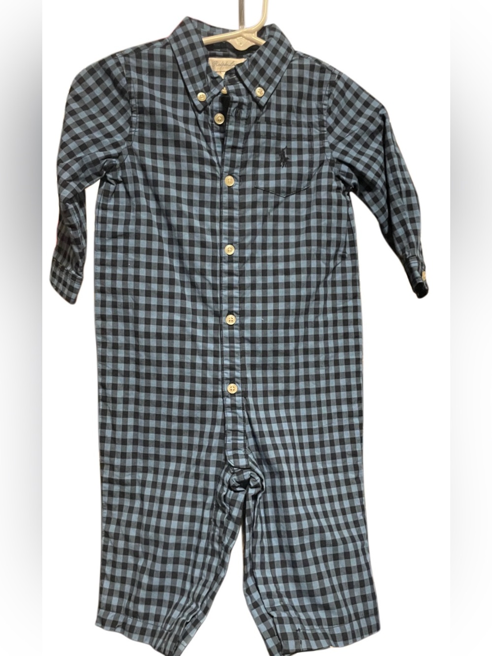 Ralph Lauren Polo Lined Blue Checkered Onesie Long Sleeve